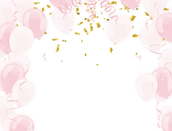 Set Pink Balloons Background Confetti Helium Air Birthday Anniversary Celebration — Stock Vector