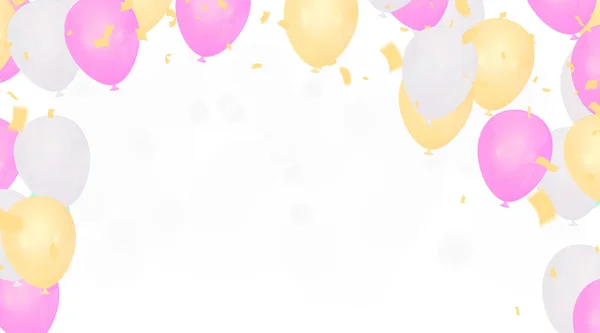 Σύνολο Ροζ Μπαλόνια Φόντο Κομφετί Ήλιο Στον Αέρα Για Γενέθλια — Διανυσματικό Αρχείο