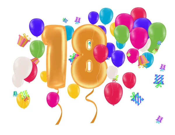 18Th Anniversary Celebration Golden Numbers Sparkling Confetti Balloon — Wektor stockowy