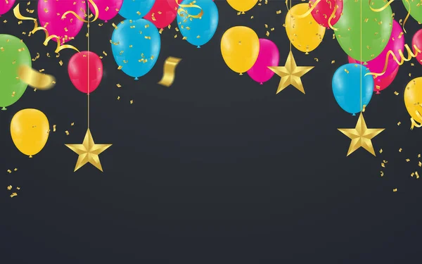 Feliz Aniversário Fundo Com Conjunto Balões Coloridos Pendentes Multicoloridos Confete — Vetor de Stock