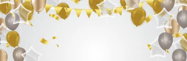 Globos Efecto Dorado Confeti Dorado Cayendo Sobre Fondo Tarjeta Felicitación — Vector de stock