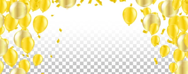 Balões Efeito Dourado Confetes Dourados Caindo Sobre Fundo Cartão Saudação — Vetor de Stock