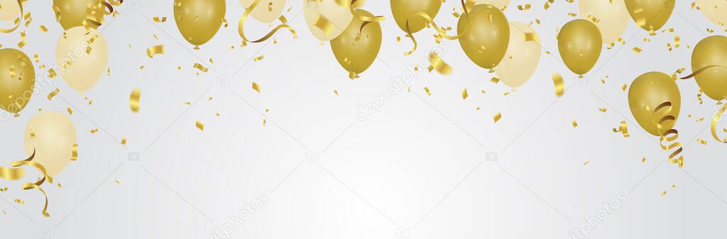 Gold balloons, Festive confetti and streamers on background. Vector illustration 
