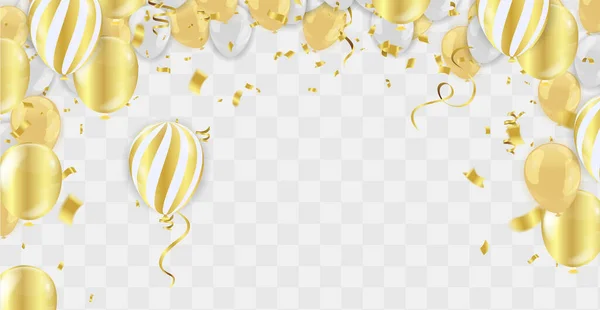 Χρυσά Μπαλόνια Και Celebration Background Template Κομφετί Και Χρυσά Κορδόνια — Διανυσματικό Αρχείο