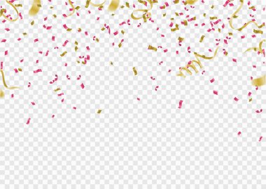 Altın balonlar, şenlikli konfeti ve arka planda flamalar. Vektör illüstrasyonu 