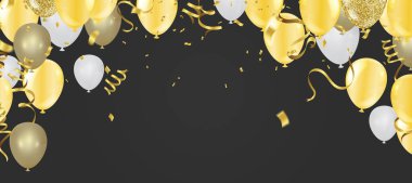 Altın balonlar ve konfeti ve altın kurdeleli kutlama şablonu. lüks