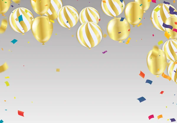 コンフェッティとゴールドリボンでゴールドバルーンとお祝いの背景テンプレート — ストックベクタ