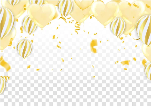 Goldene Luftballons Und Feier Hintergrund Vorlage Mit Konfetti Und Goldenen — Stockvektor