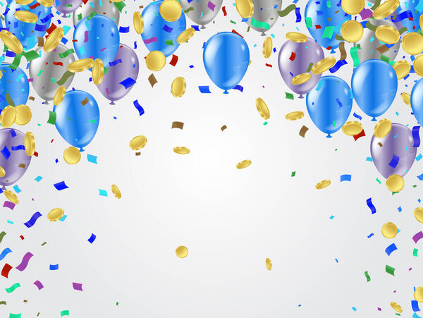 Falling gold coins and balloons . Rain from golden coins. Coins with dollar sign isolated on white background