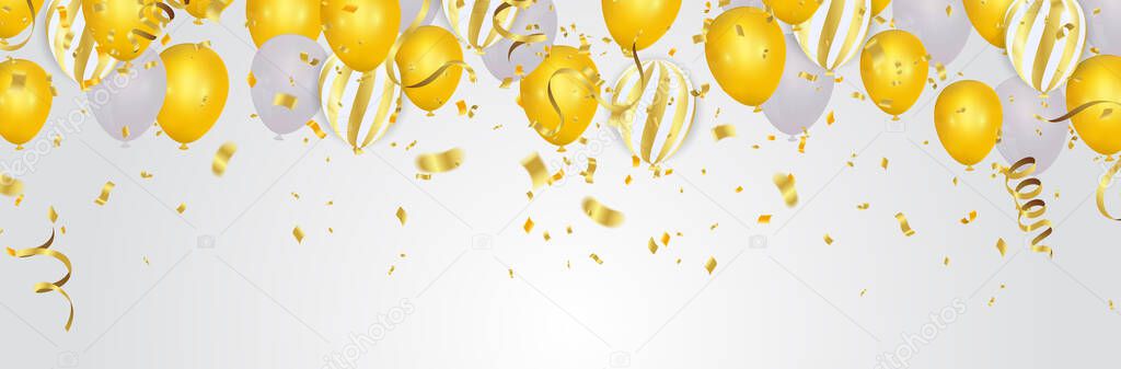 Gold balloons, Festive confetti and streamers on background. Vector illustration 