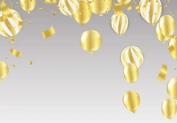 Złote Balony Szablon Tła Uroczystości Konfetti Złote Wstążki Luksus — Wektor stockowy