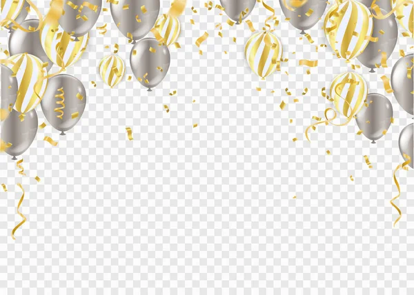 Altın Balonlar Konfeti Altın Kurdeleli Kutlama Şablonu Lüks — Stok Vektör