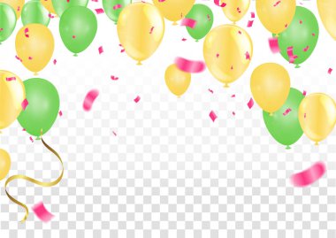 Altın ve yeşil balonlar illüstrasyon konfetileri ve kurdeleler bayrak kutlama arkaplan şablonu tebrik kartı için tipografi, festival posteri vs.