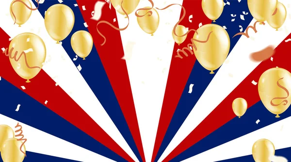 Gouden Kleur Ballonnen Illustratie Confetti Linten Vlag Viering Achtergrond Sjabloon — Stockvector