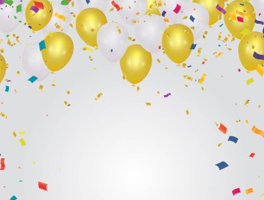 Altın ve beyaz balonlar illüstrasyon konfetileri ve kurdeleler bayrak kutlama arkaplan şablonu tebrik kartı için tipografi, festival posteri vs.