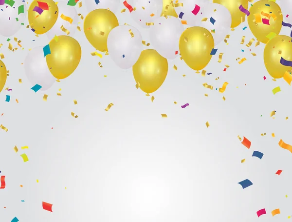 Ouro Balões Brancos Ilustração Confete Fitas Bandeira Celebração Fundo Modelo — Vetor de Stock