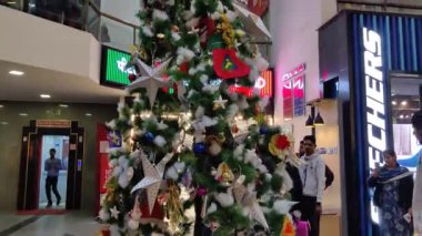 Jaipur, Hindistan 24 Aralık 2025: Yılbaşı arifesinde Jaipur 'daki bir alışveriş merkezinde çekilen karanlık arka planda Noel ağacı dekorasyonu görüntüleri