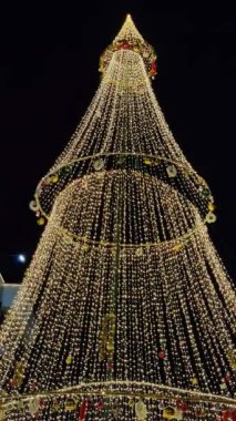 Jaipur, Hindistan 24 Aralık 2025: Yılbaşı arifesinde Jaipur 'daki bir alışveriş merkezinde çekilen karanlık arka planda Noel ağacı dekorasyonu görüntüleri