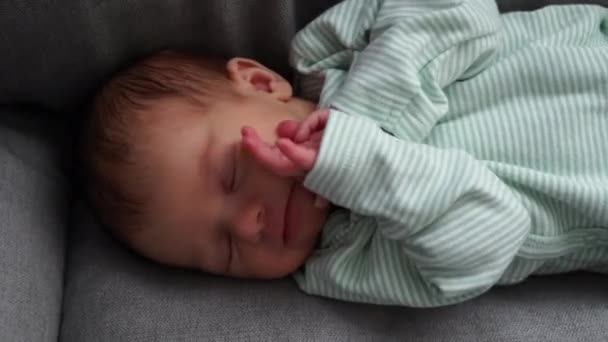 Bebé sueño recién nacido sueño, niña durmiendo en la silla cara y las manos de cerca — Vídeos de Stock