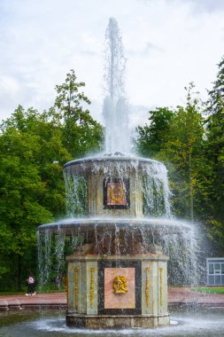 St. Petersburg, Petrodvorets, Rusya - 30 Ağustos 2020: Peterhof 'taki alt parktaki büyük Roma çeşmeleri