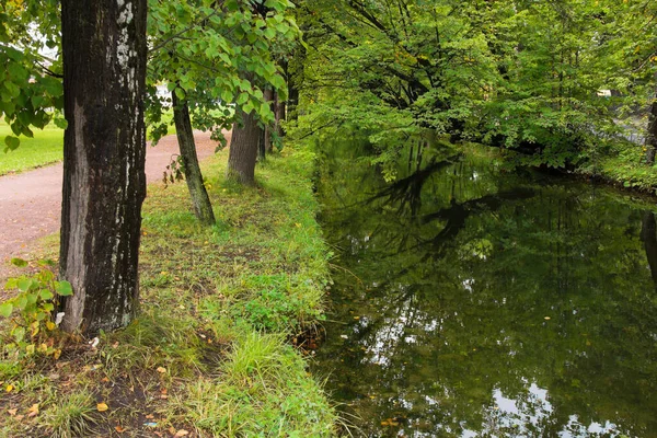 Konstgjord Kanal Med Vatten Som Speglar Gröna Lövverk Och Träd — Stockfoto