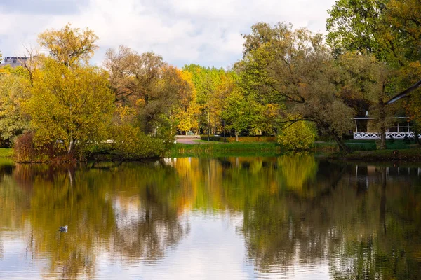 Hösten Moskvas Segerpark Sankt Petersburg Ryssland Träd Reflekteras Vattnet — Stockfoto