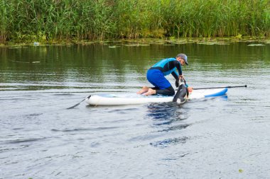 Suzdal, Rusya - 12 Ağustos 2020: Kürek tahtasında adam ve Kamenka nehrinde köpek