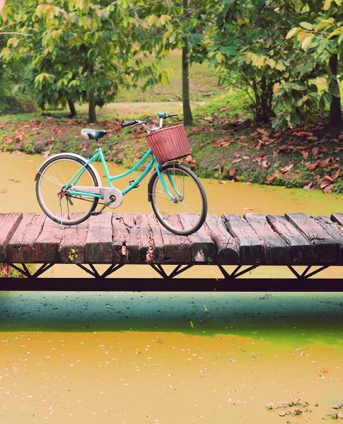 Bicicleta vintage esperando perto da árvore, em tom retro vintage — Fotografia de Stock