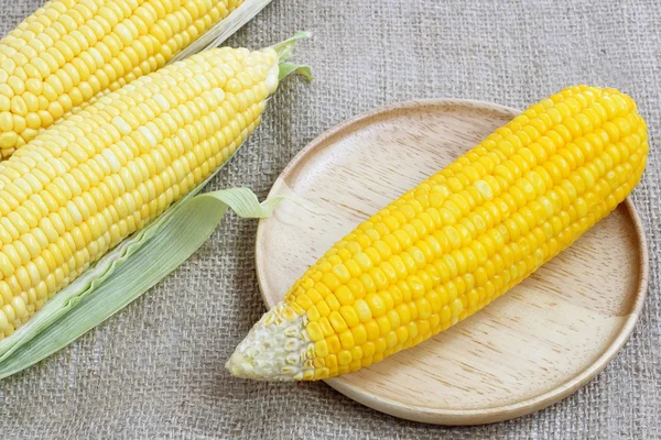 Fresh corn on wood plate — Stock Photo, Image