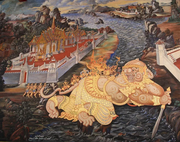Тайская фреска в святилище Ват Пхра Кеу — стоковое фото