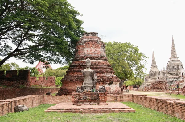 Standbeeld van Boedha en stoepa op Wat Phra Si Sanphet, archeologische sites en artefacten. — Stockfoto
