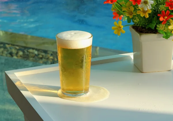 Bierkrüge am Swimmingpool im Tropenort — Stockfoto