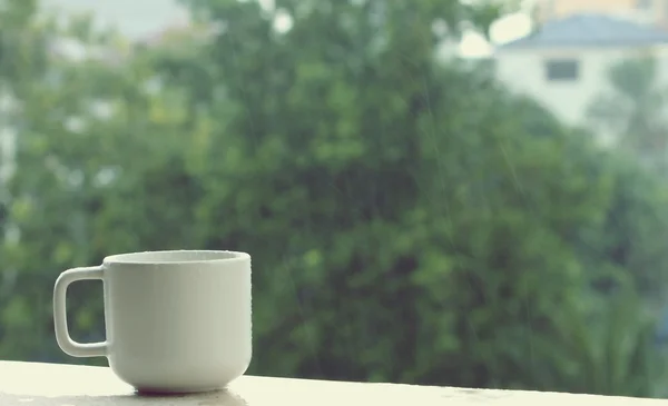 Coffee Cup On A Rainy Day Background Morning Breakfast Stock Photo
