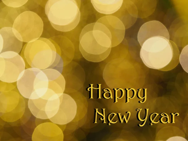 Yeni yılınız kutlu olsun, bulanık bokeh arkaplanda altın yazılar, baskın sarı şenlik baloncuklarıyla siyah arka planda. Şenlik tasarımı, tebrik kartı. Metin ile soyut resim.