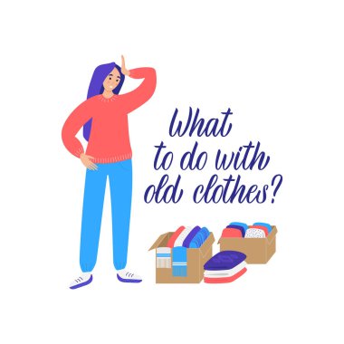 El yazısıyla yazılmış eski kıyafetlerle ne yapılacağına dair bir alıntı. Kıyafet kutularıyla bağış konsepti. Web afişi, bilgi grafikleri, kartlar için kullanılabilir. Düz vektör çizimi beyaz arkaplanda izole edildi.