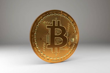 Kripto para birimi işi. Bitcoin para yakın plan ışık arkaplan, 3D canlandırma