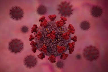 Kırmızı arka planda 3 boyutlu koronavirüs çizimi. Seçici odak