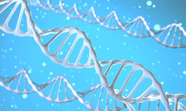 3d render of a chain of dna moecules on a blue background