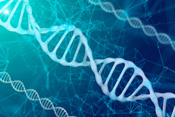 молекула ДНК исследуется искусственным интеллектом. 3d-рендеринг