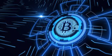 Ağ üzerinde kara arkaplan çizgileri olan bitcoin madenciliği kavramı. 3d oluşturma