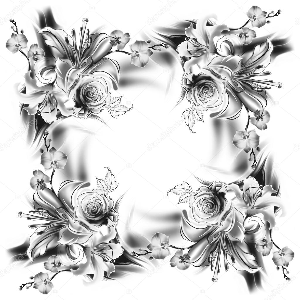 Disegno di ghirlanda di fiori con la semplice matita e carbone su vecchia illustrazione di carta bianca — Foto di allween