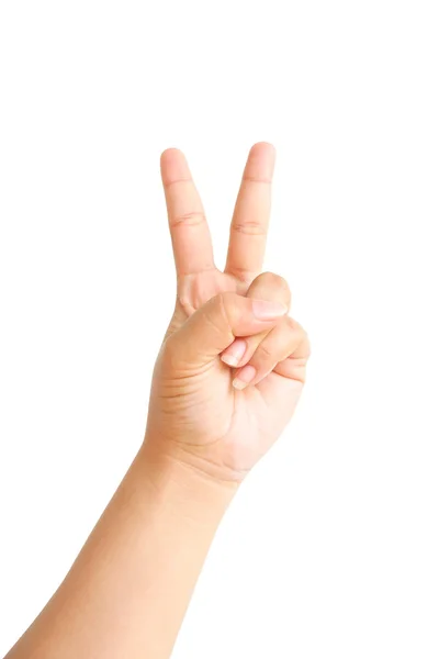 Weibliche Hand zeigt Siegeszeichen — Stockfoto
