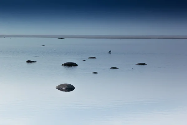 Bewolkte blauwe minimalistische zeegezicht. Verlaten ruimte. Horizon line. — Stockfoto