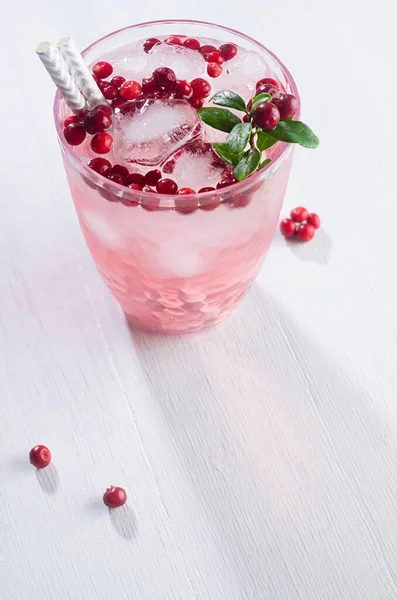 Cold Berry Lemonade Red Bilberry Straws Ice Sunlight Soft Light — Stock Photo, Image