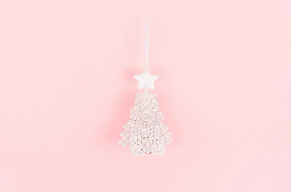 Christmas Festive Background White Carved Wood Decoration Christmas Tree Pink — Stock Photo, Image