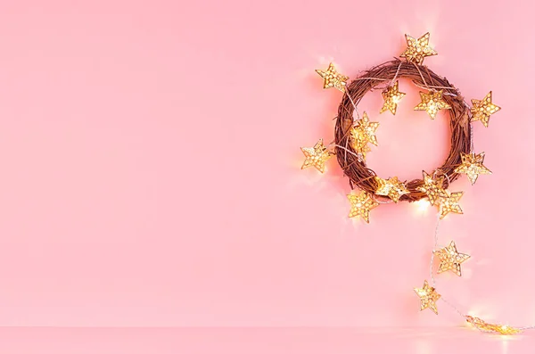 New Year Home Decoration Glowing Gold Lights Stars Wreath Soft — Stock Photo, Image