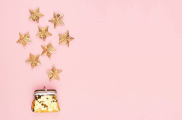Festive New Year Shopping Gold Glitter Wallet Fall Stars Soft — Stock Photo, Image