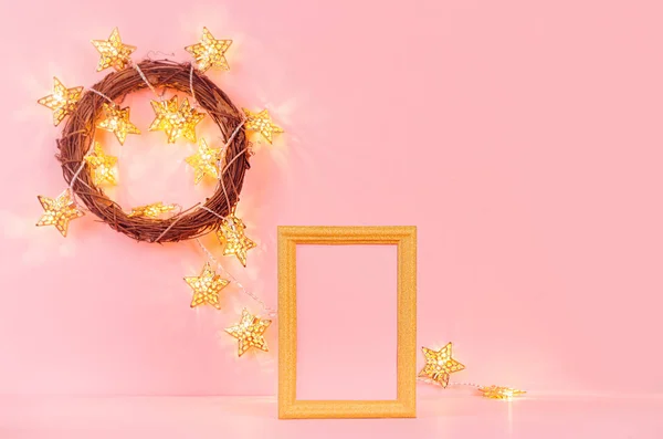 Festive Gentle New Year Background Glitter Glossy Gold Glowing Stars — Stock Photo, Image