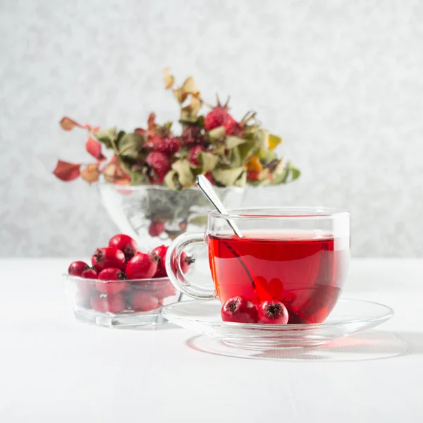 Podzimní Červený Bylinkový Čaj Průhledném Šálku Lžička Hlohem Růžové Bobule — Stock fotografie