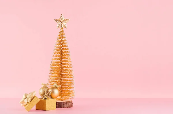 Paillettes Dorées Décorations Noël Boules Étoiles Avec Arbre Noël Boîte — Photo
